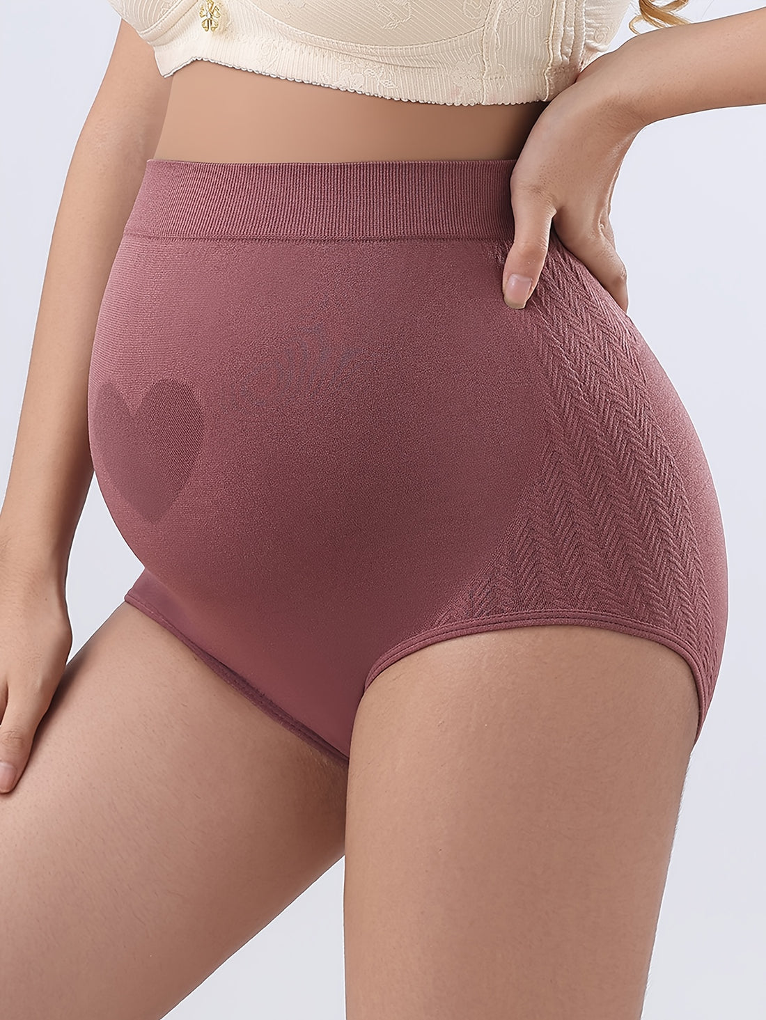 5pcs High-Waisted Maternity Support Panties, Comfortable Breathable Pregnancy Underwear, Multiple Colors, Heart Pattern, High-Elasticity Slim-Fit Briefs, Four-Season Abdominal Support Maternity Panties