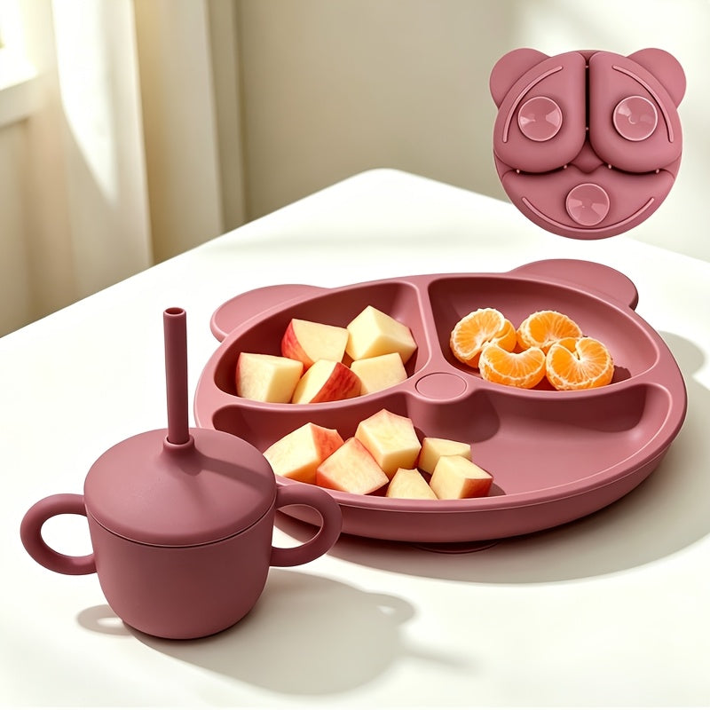 10pcs Baby Led Weaning Feeding Set - Food Grade Silicone Bear Divided Suction Plate, Strong Suction Bowl, Mess-Catching Bib, Dual Handle Straw Cup with Snack Lid, Toddler Training Spoon &amp; Fork Utensils