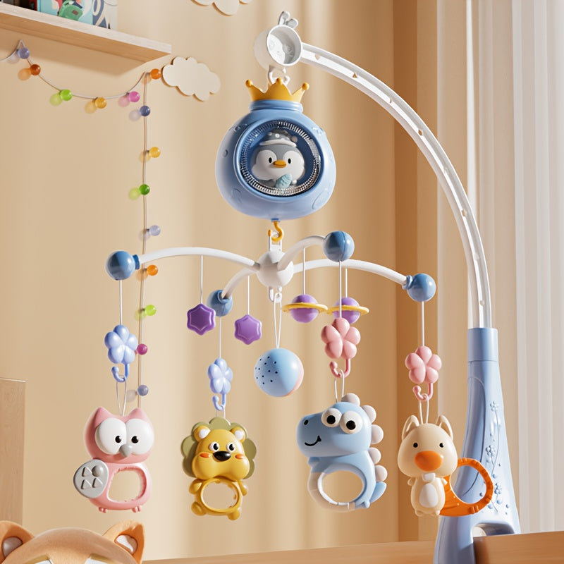 Large Interactive Penguin Baby Crib Mobile Toy with 360° Auto Rotation, Built-in Music &amp; Soft Lighting, Timer Function, Stroller &amp; Crib Hanging Spinning Rattle. Available in Blue, Pink, Gray. Multifunctional Brain Development Toy for Babies.