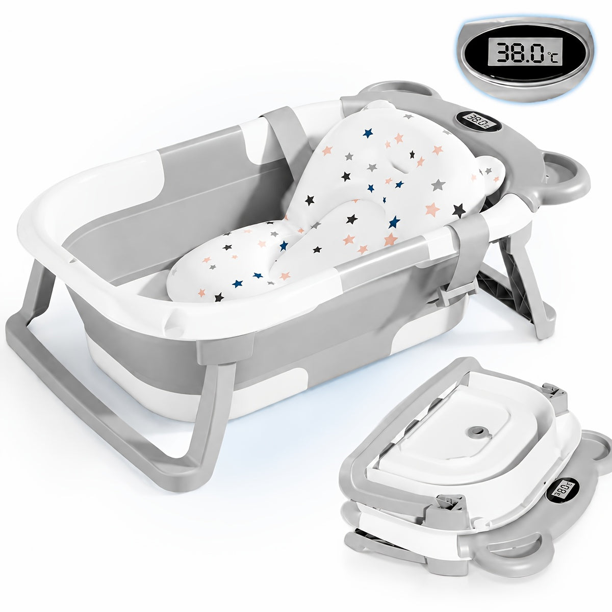 Foldable Baby Bath Tub Set with Digital Temperature Display, Portable Sit And Lie Infant Bathtub, Space-Saving PP And TPE Toddler Bath Basin for Newborns And Babies, "67" X 42 X 21cm, Available In Pink, Blue Or Grey for Home And Travel