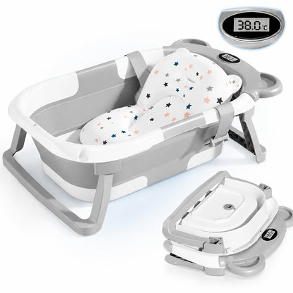 Foldable Baby Bath Tub Set with Digital Temperature Display, Portable Sit And Lie Infant Bathtub, Space-Saving PP And TPE Toddler Bath Basin for Newborns And Babies, "67" X 42 X 21cm, Available In Pink, Blue Or Grey for Home And Travel